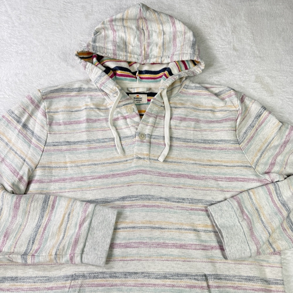 Marine Layer Mens Medium Striped Henley Pullover Sweatshirt Portola Beach Hoodie - Picture 2 of 9